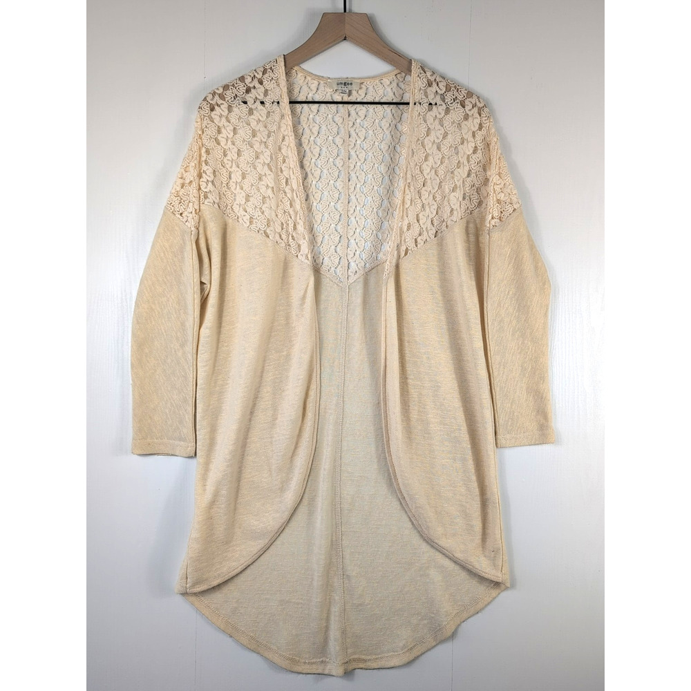 Umgee Cardigan Womens S/M Beige Sheer Crochet Lace Boho Drape Hem 3/4 Sleeve